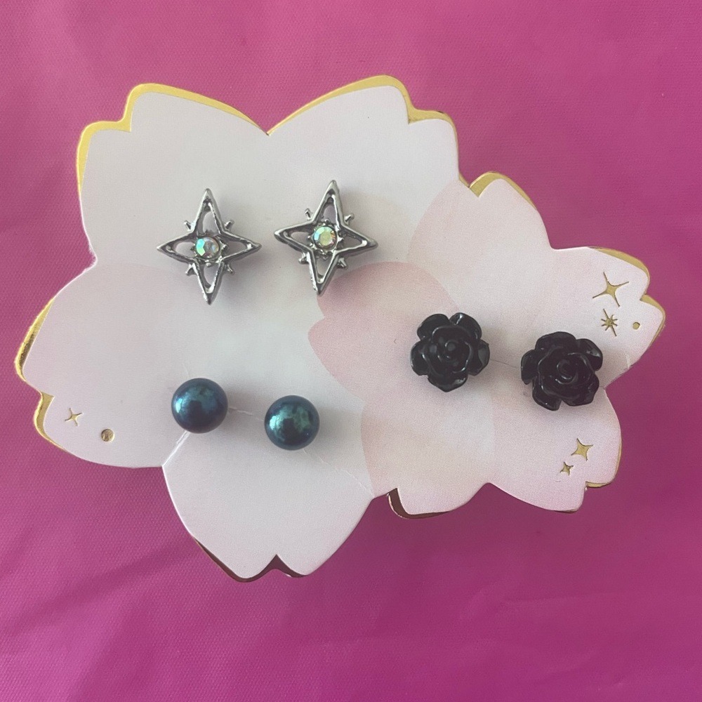 Set of 3 Stud Earrings Star Rose Pearl Celestial Floral Silver Teal Black New